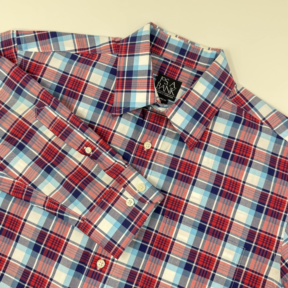 Jos A Bank Shirt Mens Medium Blue Red Plaid Travelers Collection Button Front - Picture 12 of 14